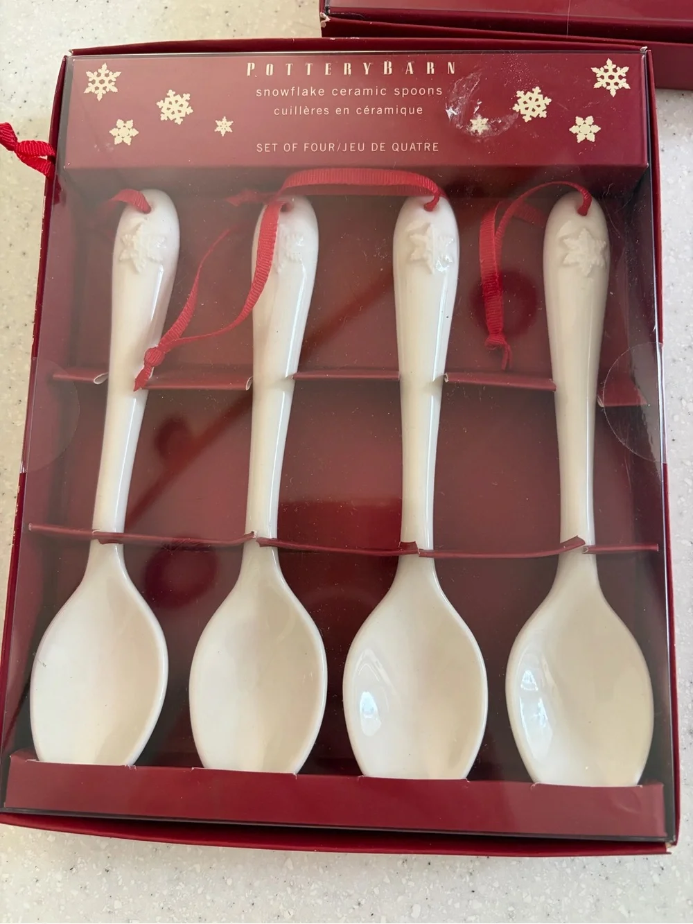 NWT Pottery Barn White Ceramic Snowflake Serving Spoons with Red Ribbon Set of 8